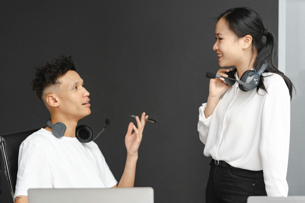 Professional customer service representative using chat communication tools for business